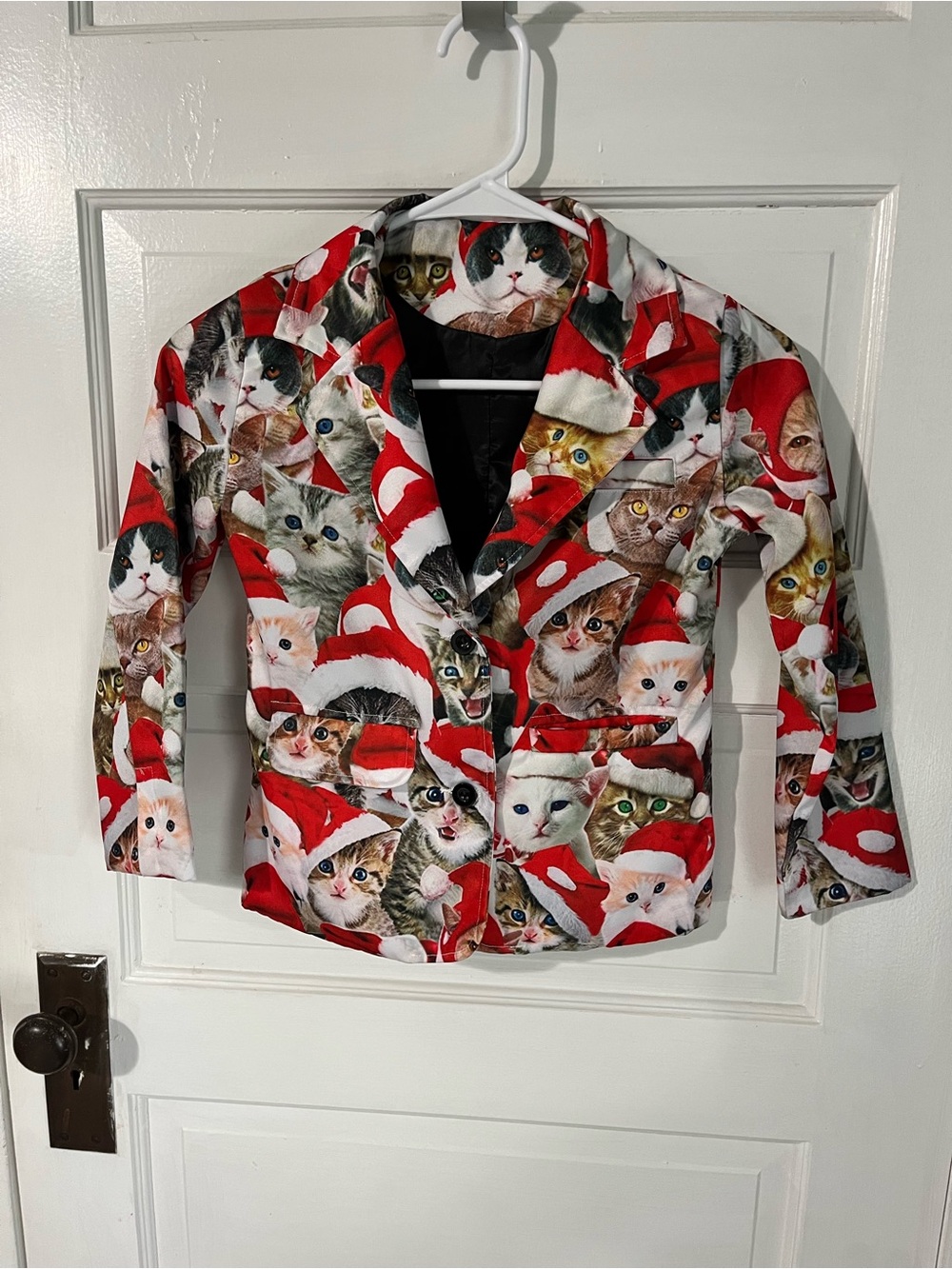 Kids Holiday Cat Print Jacket - Red size small